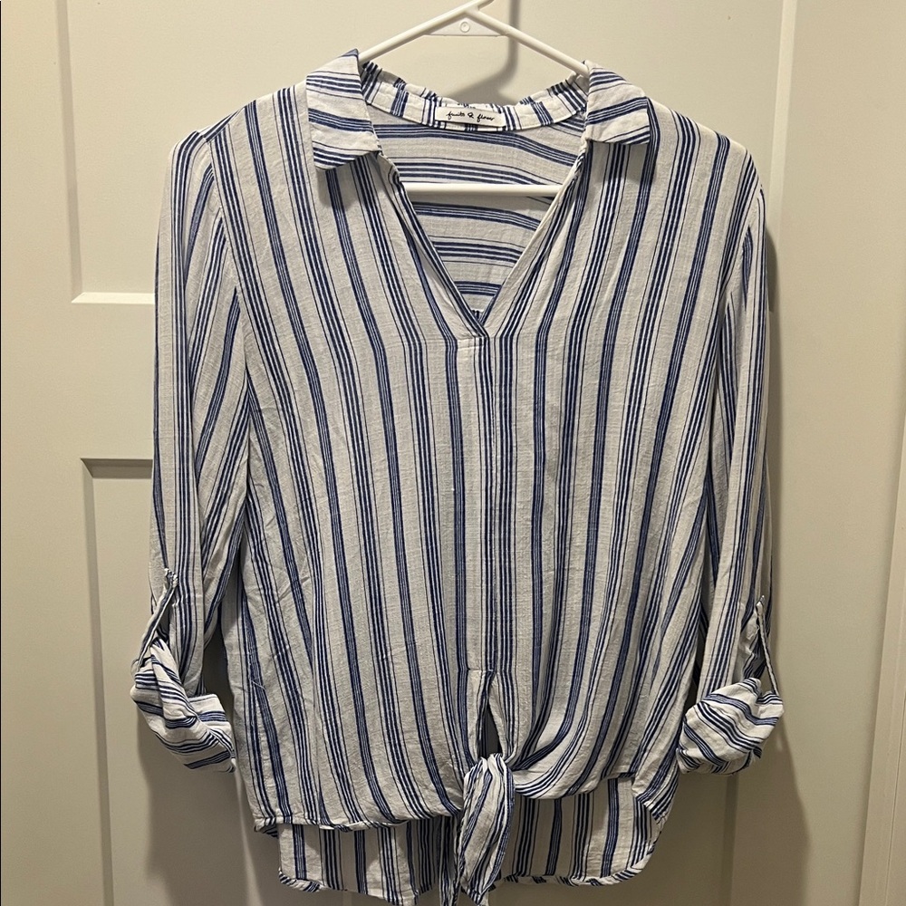 Navy and White Striped Women's front tie Blouse